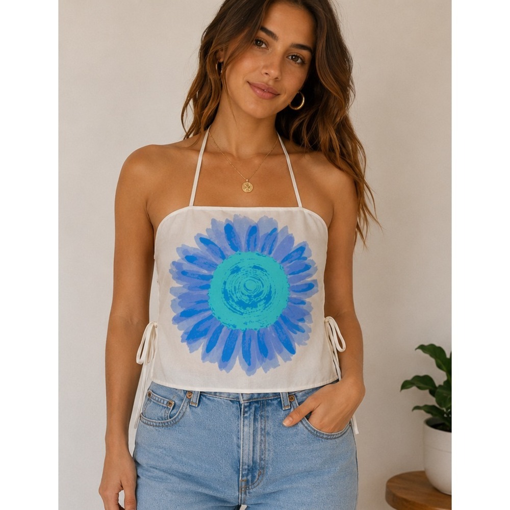 Express Silk Scarf Top S Blue Cream Floral Halter Tie Back Y2K Festival Crop